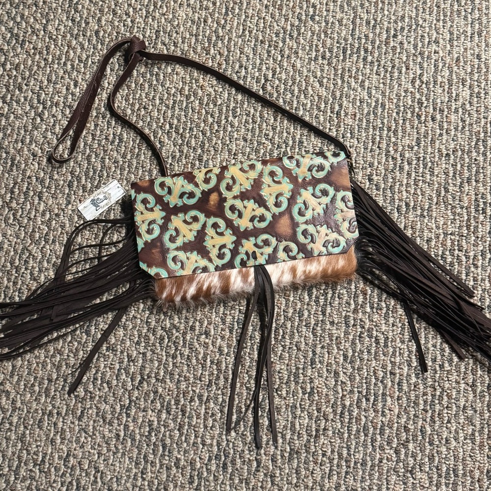 Cream and Brown Floral Crossbody Bag with Fringe
